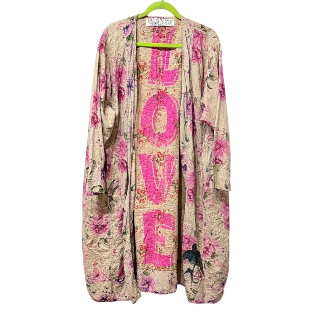 Magnolia Pearl LOVE Kimono Duster Floral Quilted Cotton Pink One Size OSFM